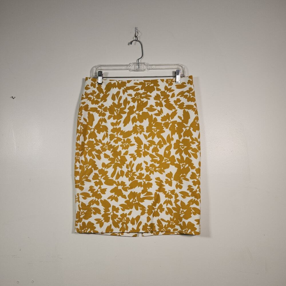 LOFT Knee Length Skirt Womens 8 Mustard Yellow White Floral Pencil Lined Office